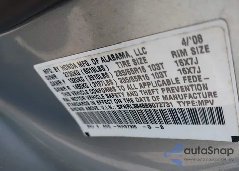 2008 Honda Odyssey Ex z USA, uszkodzony, nr VIN 5FNRL38468B072731